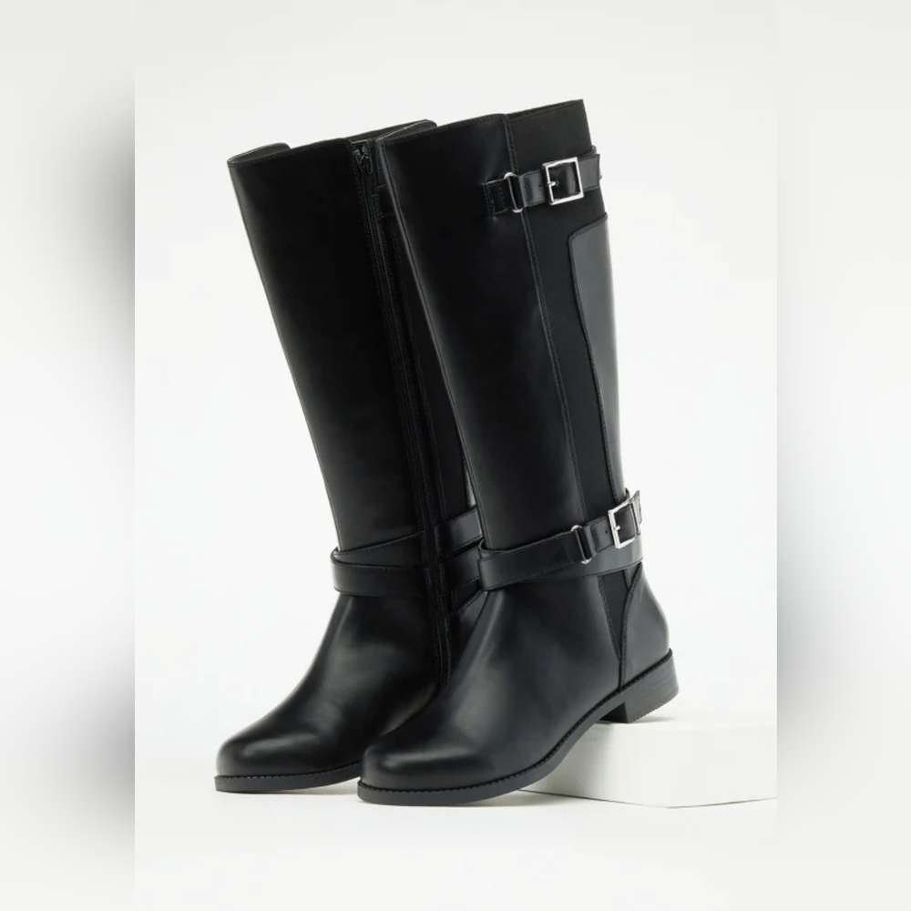 JustFab Black Knee-High Buckle Riding Boots with Side Zip